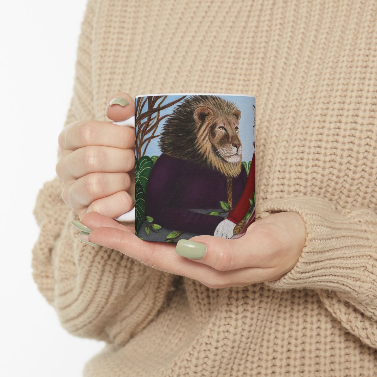 Whimsical Lion and Tiger Coffee Mug – 11oz Jungle Animal Art Cup, King’s Table by Roberta Pacino