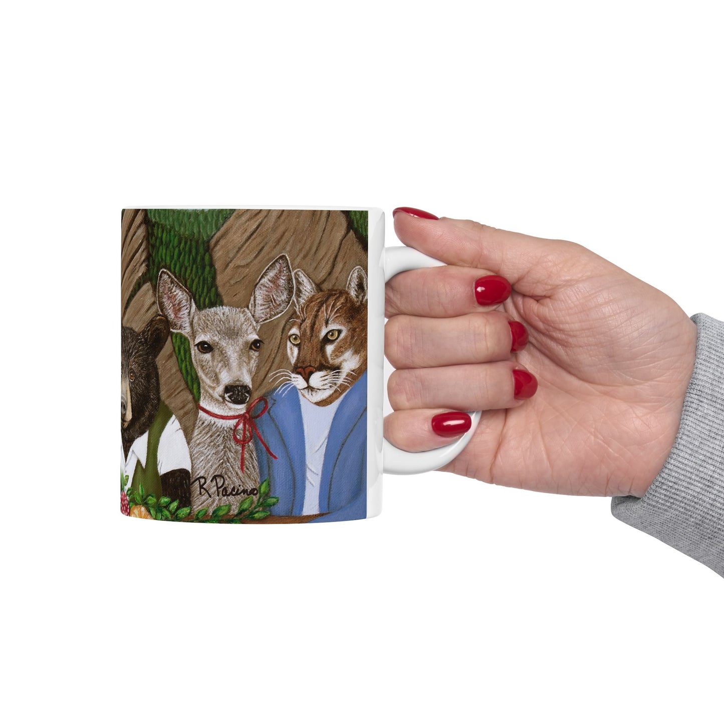 Mountain Wildlife Coffee Mug – 11oz Original Art, Red Fox, Black Bear, Mountain Lion & Goat, Mountain Meal by Roberta Pacino