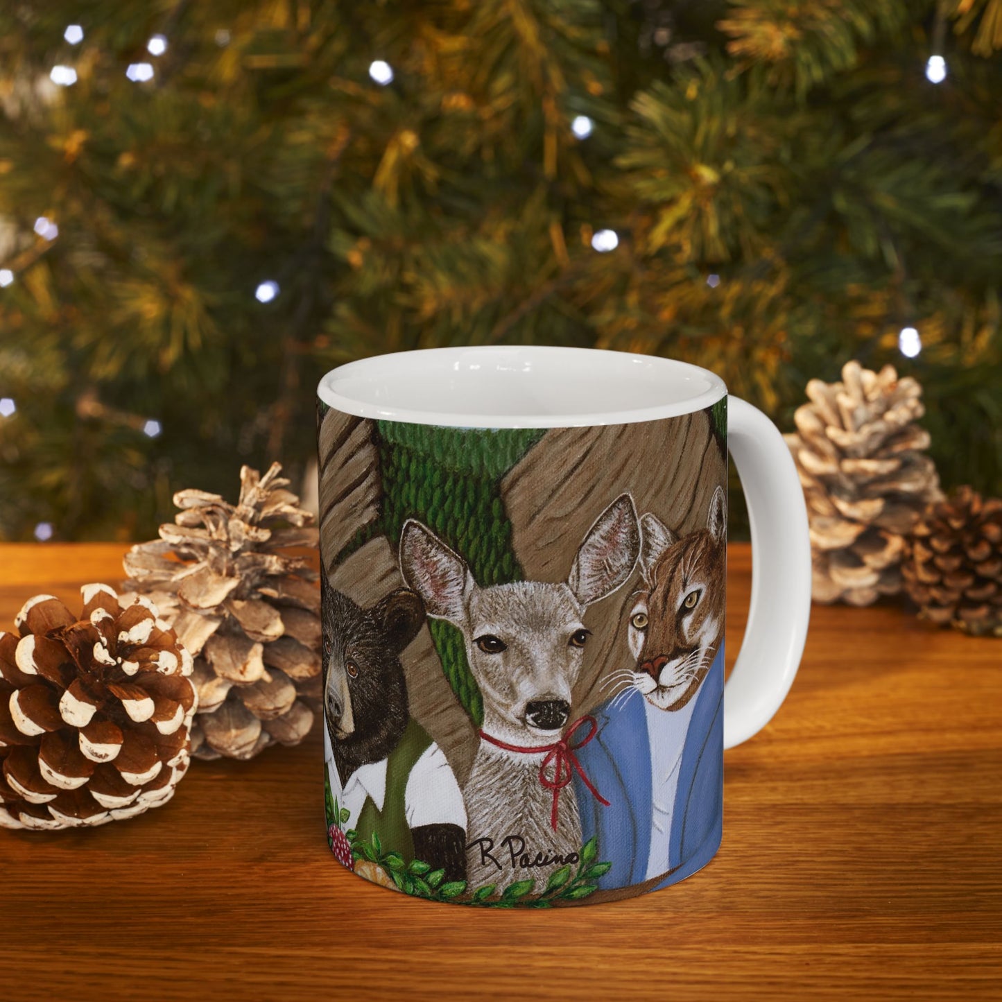 Mountain Wildlife Coffee Mug – 11oz Original Art, Red Fox, Black Bear, Mountain Lion & Goat, Mountain Meal by Roberta Pacino