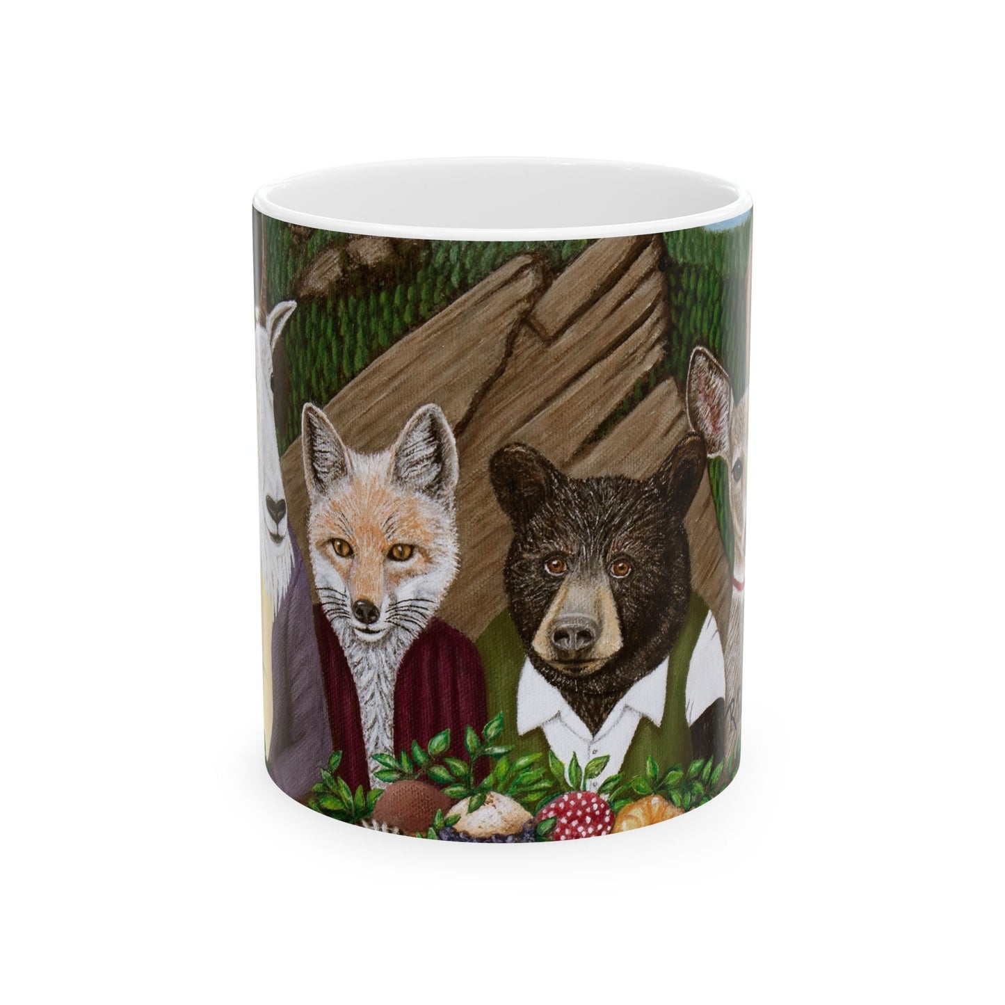 Mountain Wildlife Coffee Mug – 11oz Original Art, Red Fox, Black Bear, Mountain Lion & Goat, Mountain Meal by Roberta Pacino