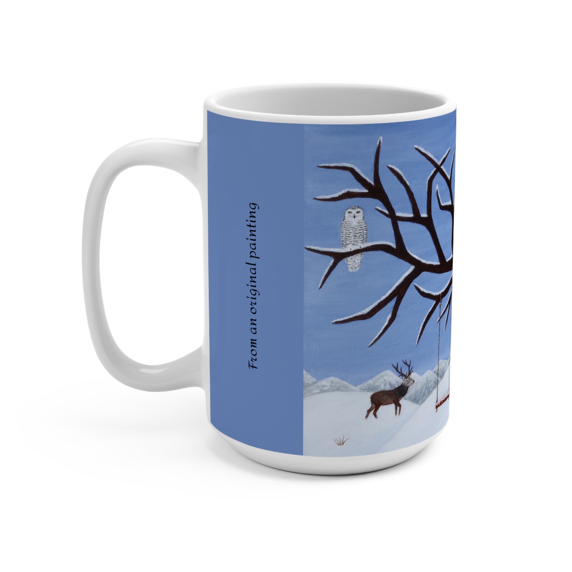 A white ceramic mug featuring a printed winter landscape design with a blue sky, snowy ground, a deer, an owl on a tree branch, and vertical text reading 'from an original painting'.