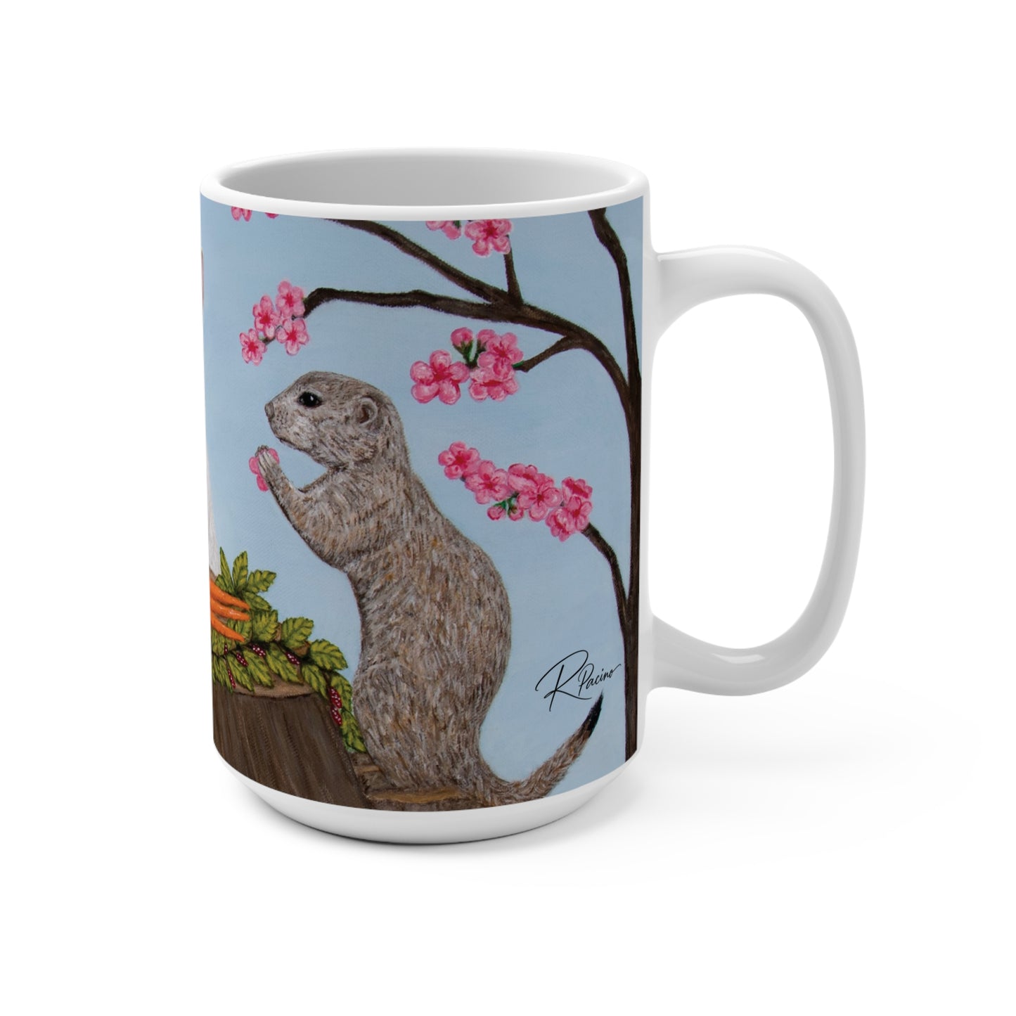 A white ceramic mug featuring a printed illustration of a brown groundhog standing on a tree stump under pink blossoms against a light blue sky.