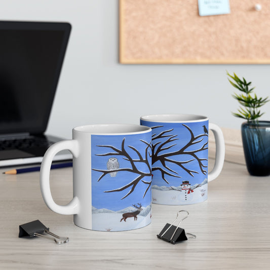 Whimsical Winter Coffee Mug – 11oz Snowy Wildlife Art Cup, Pure Presence by Roberta Pacino