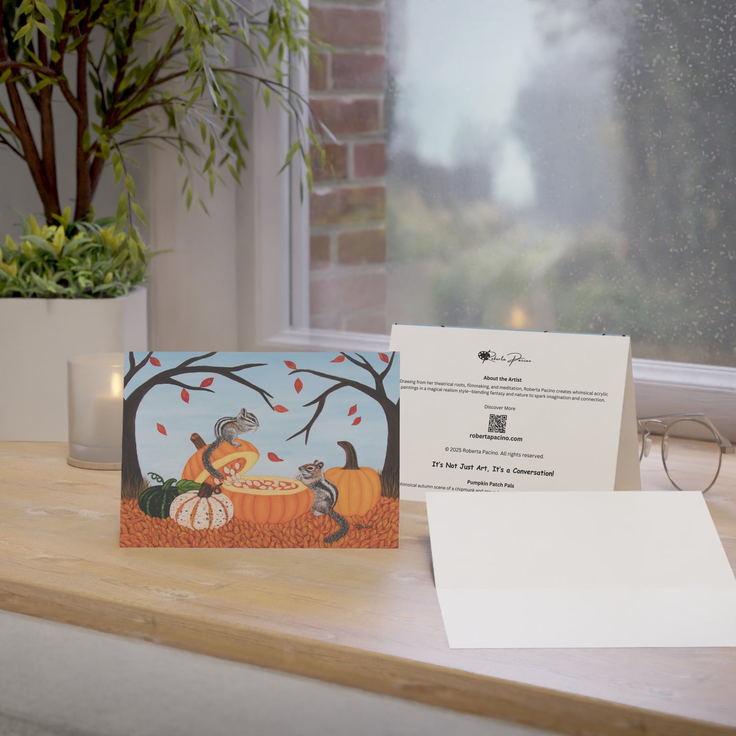 Autumn Greeting Cards – 7x5 One-Side Coated, Set of 1 or 10, Pumpkin Patch Pals by Roberta Pacino, Original Art