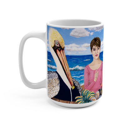Whimsical Ocean Wildlife Coffee Mug – 15oz Original Art, Pelican, Dolphin & Walrus, Seaside Snacks by Roberta Pacino