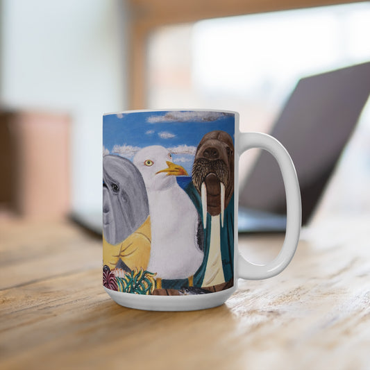 Whimsical Ocean Wildlife Coffee Mug – 15oz Original Art, Pelican, Dolphin & Walrus, Seaside Snacks by Roberta Pacino