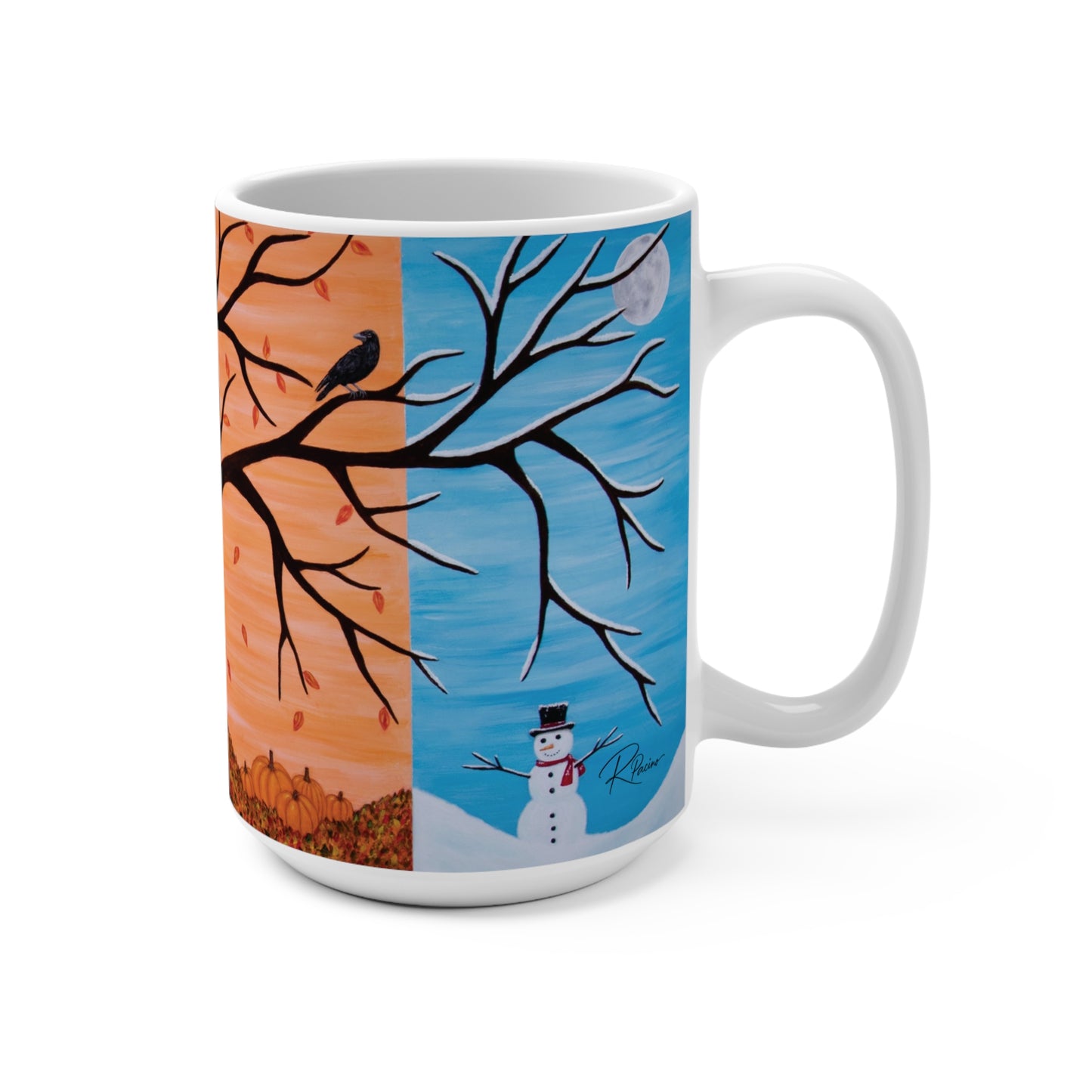 Tree of Life ceramic mug showing seasonal artwork and R Pacino signature