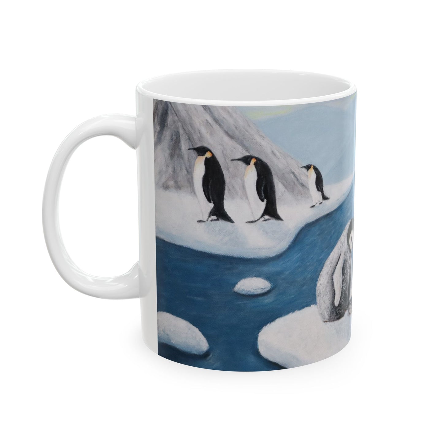 Whimsical Penguin Coffee Mug – 11oz Antarctic Wildlife Art Cup, Icy Love by Roberta Pacino