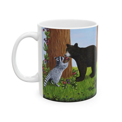 Wildlife Mug – Woodland Animals Coffee Cup 11 oz, Raccoon & Bear Cub Nature Art – Forest Friends by Roberta Pacino