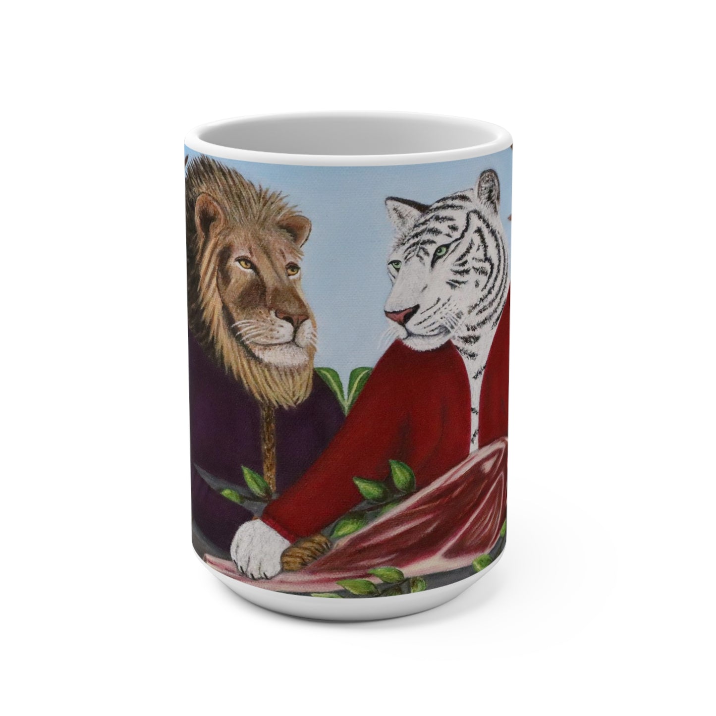 Whimsical Lion & Tiger Coffee Mug – 15oz Original Art, King's Table by Roberta Pacino