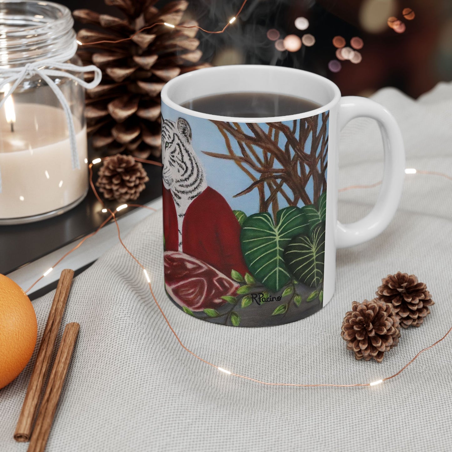 Whimsical Lion and Tiger Coffee Mug – 11oz Jungle Animal Art Cup, King’s Table by Roberta Pacino