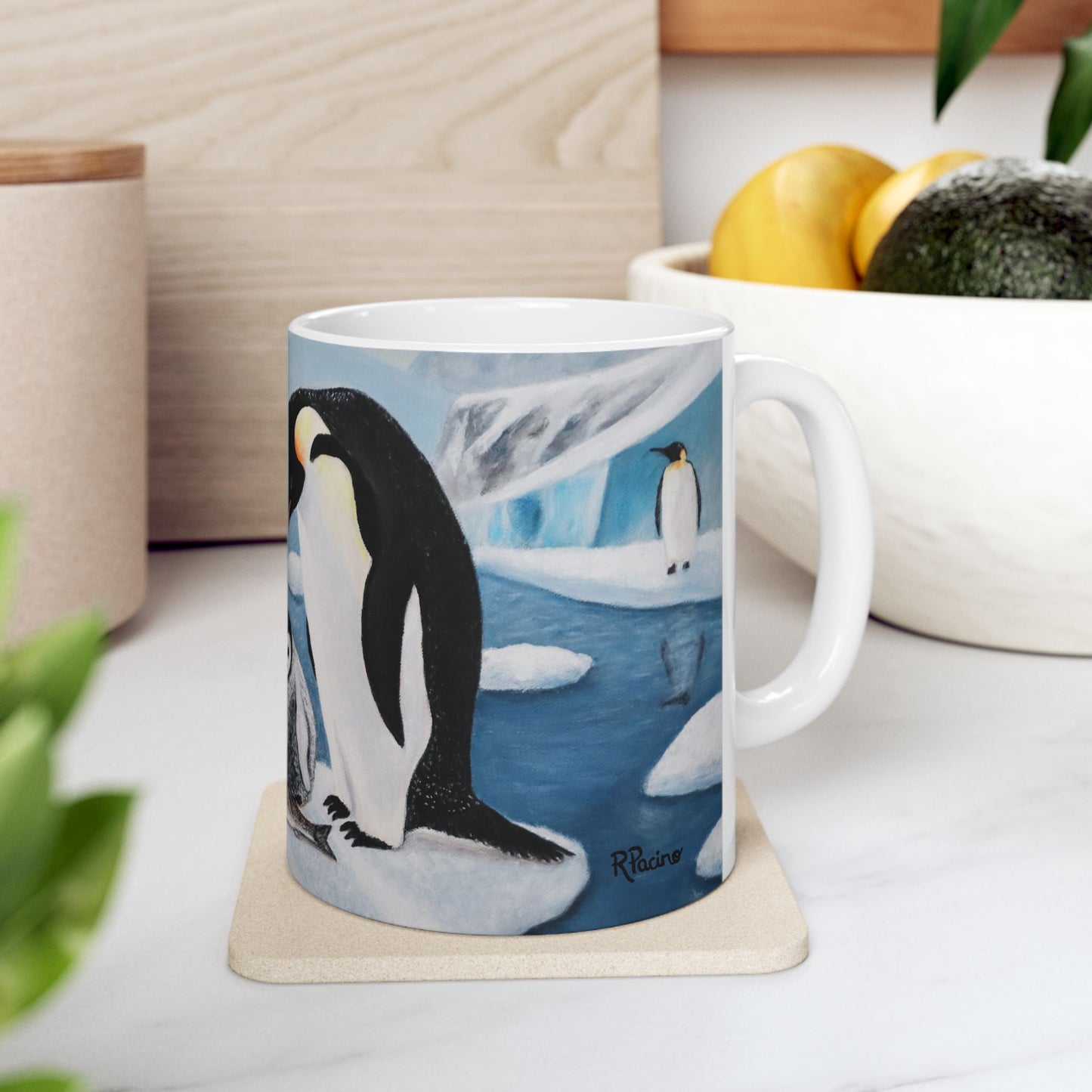 Whimsical Penguin Coffee Mug – 11oz Antarctic Wildlife Art Cup, Icy Love by Roberta Pacino