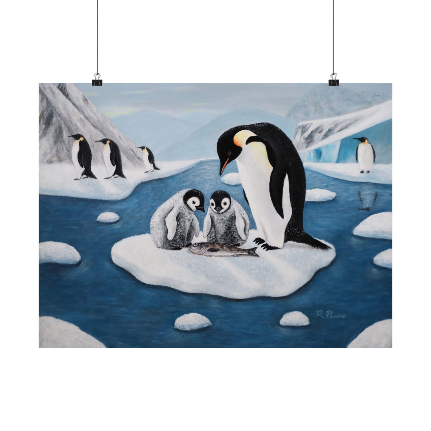 Icy Love – Whimsical Penguin Family Art, Antarctic Scene, by Roberta Pacino