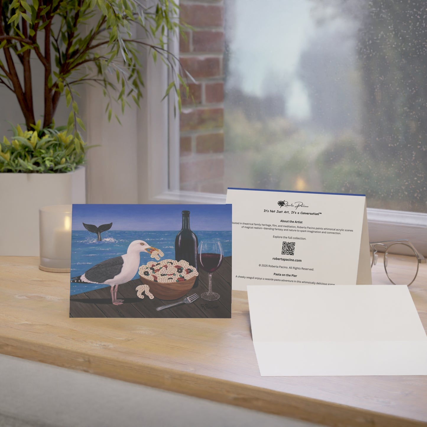 Pasta on the Pier – 7x5 Greeting Card, Single or 10-Pack, Original Art by Roberta Pacino