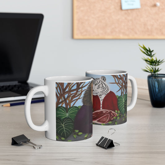 Whimsical Lion and Tiger Coffee Mug – 11oz Jungle Animal Art Cup, King’s Table by Roberta Pacino