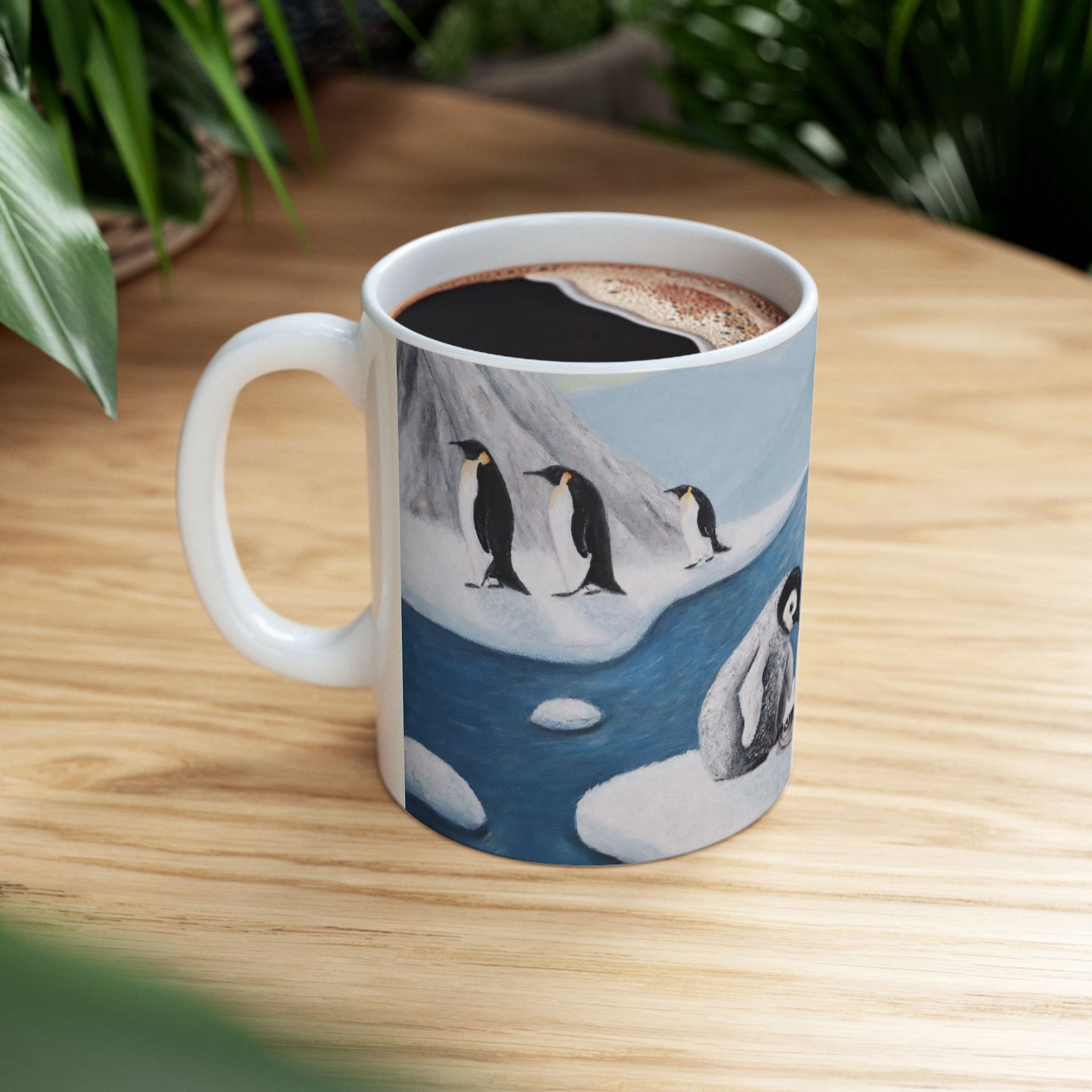 Whimsical Penguin Coffee Mug – 11oz Antarctic Wildlife Art Cup, Icy Love by Roberta Pacino