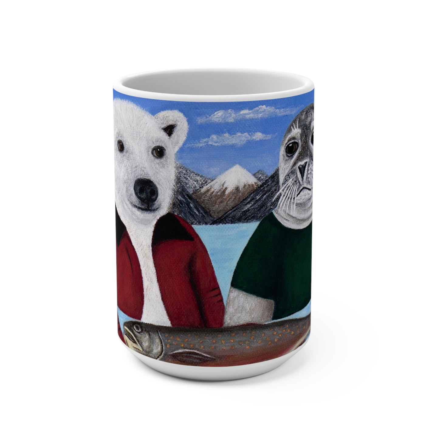 Whimsical Arctic Wildlife Coffee Mug – 15oz Original Art, Polar Bear & Harp Seal, Arctic Appetite by Roberta Pacino