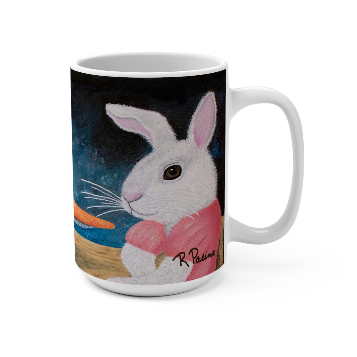 Whimsical Horse & Rabbit Coffee Mug – 15oz Fine Dining Fantasy Art, Single Carrot by Roberta Pacino