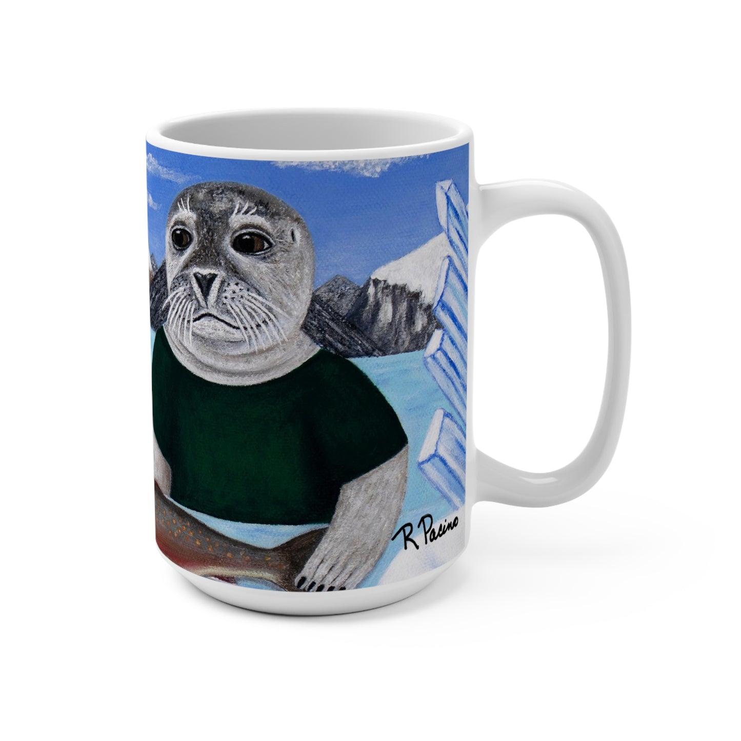 Whimsical Arctic Wildlife Coffee Mug – 15oz Original Art, Polar Bear & Harp Seal, Arctic Appetite by Roberta Pacino