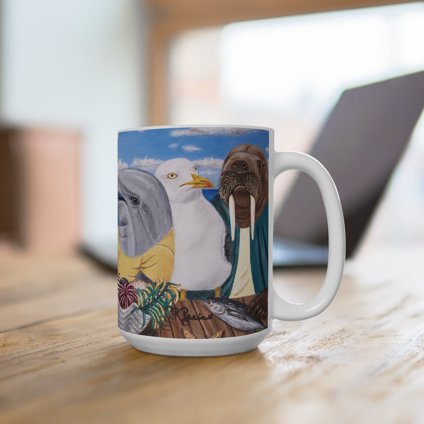 Whimsical Ocean Wildlife Coffee Mug – 15oz Original Art, Pelican, Dolphin & Walrus, Seaside Snacks by Roberta Pacino