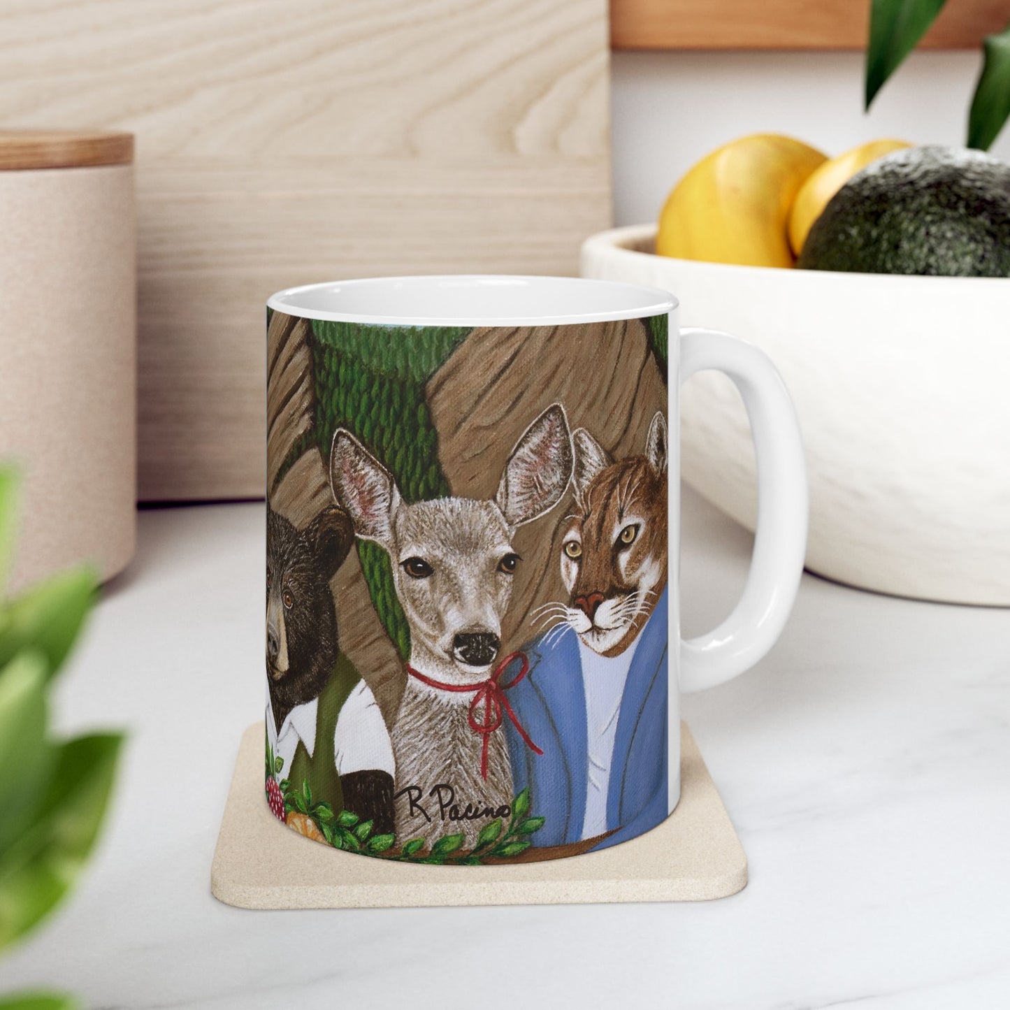 Mountain Wildlife Coffee Mug – 11oz Original Art, Red Fox, Black Bear, Mountain Lion & Goat, Mountain Meal by Roberta Pacino