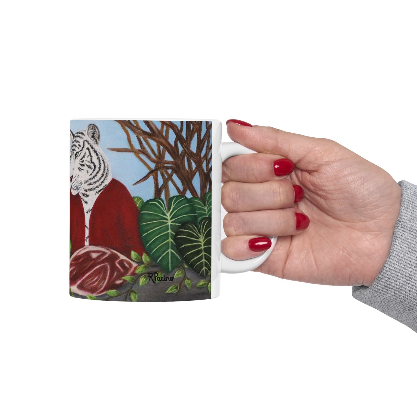 Whimsical Lion and Tiger Coffee Mug – 11oz Jungle Animal Art Cup, King’s Table by Roberta Pacino