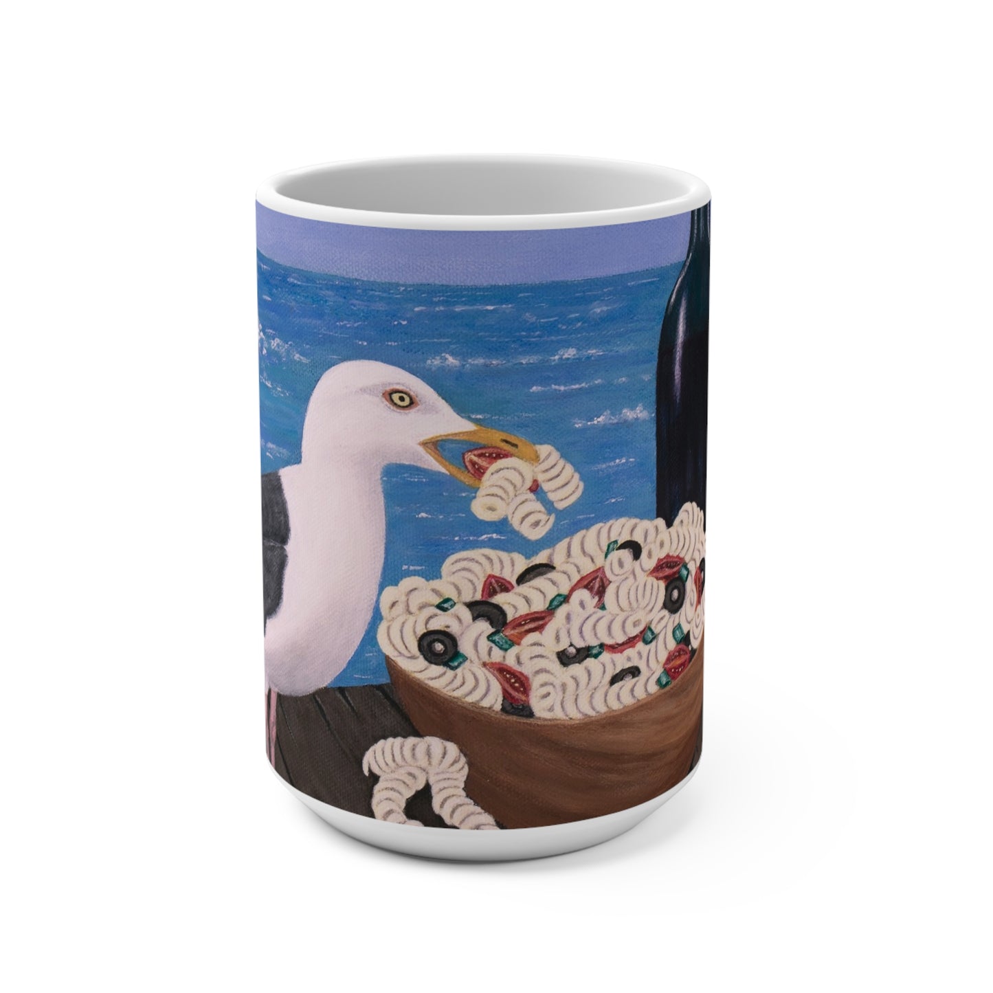 Whimsical Seagull Coffee Mug – 15oz Original Art, Pasta on the Pier by Roberta Pacino