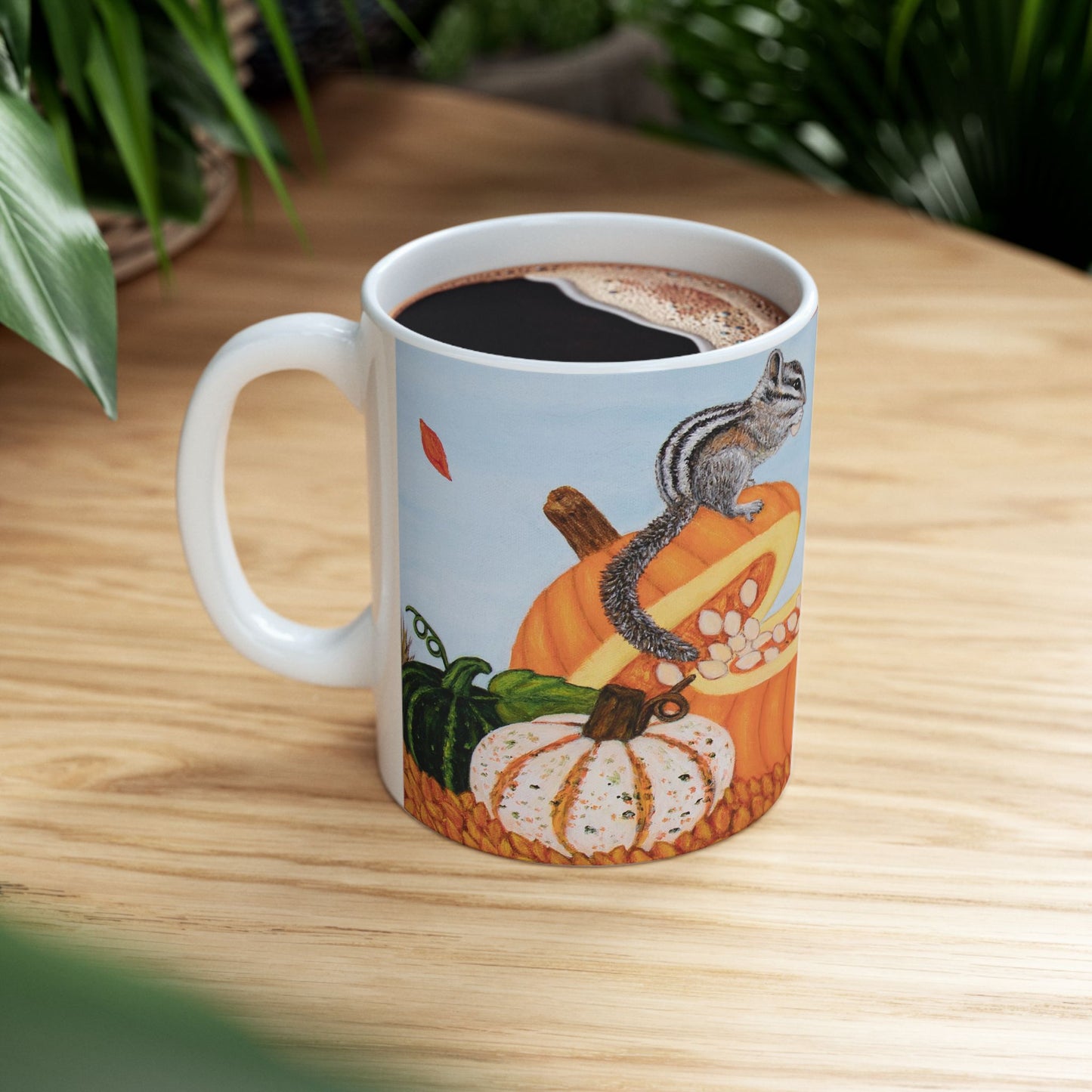 Autumn Chipmunk & Squirrel Mug – 11oz Pumpkin Patch Pals Coffee Cup, Art by Roberta Pacino
