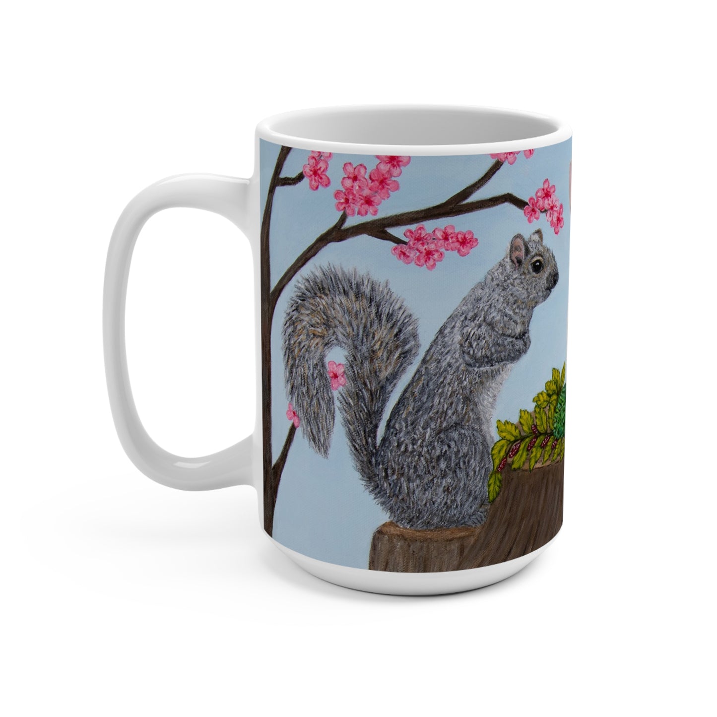 Whimsical Woodland Coffee Mug – 15oz Rabbit, Squirrel & Prairie Dog Art, Garden Gathering by Roberta Pacino