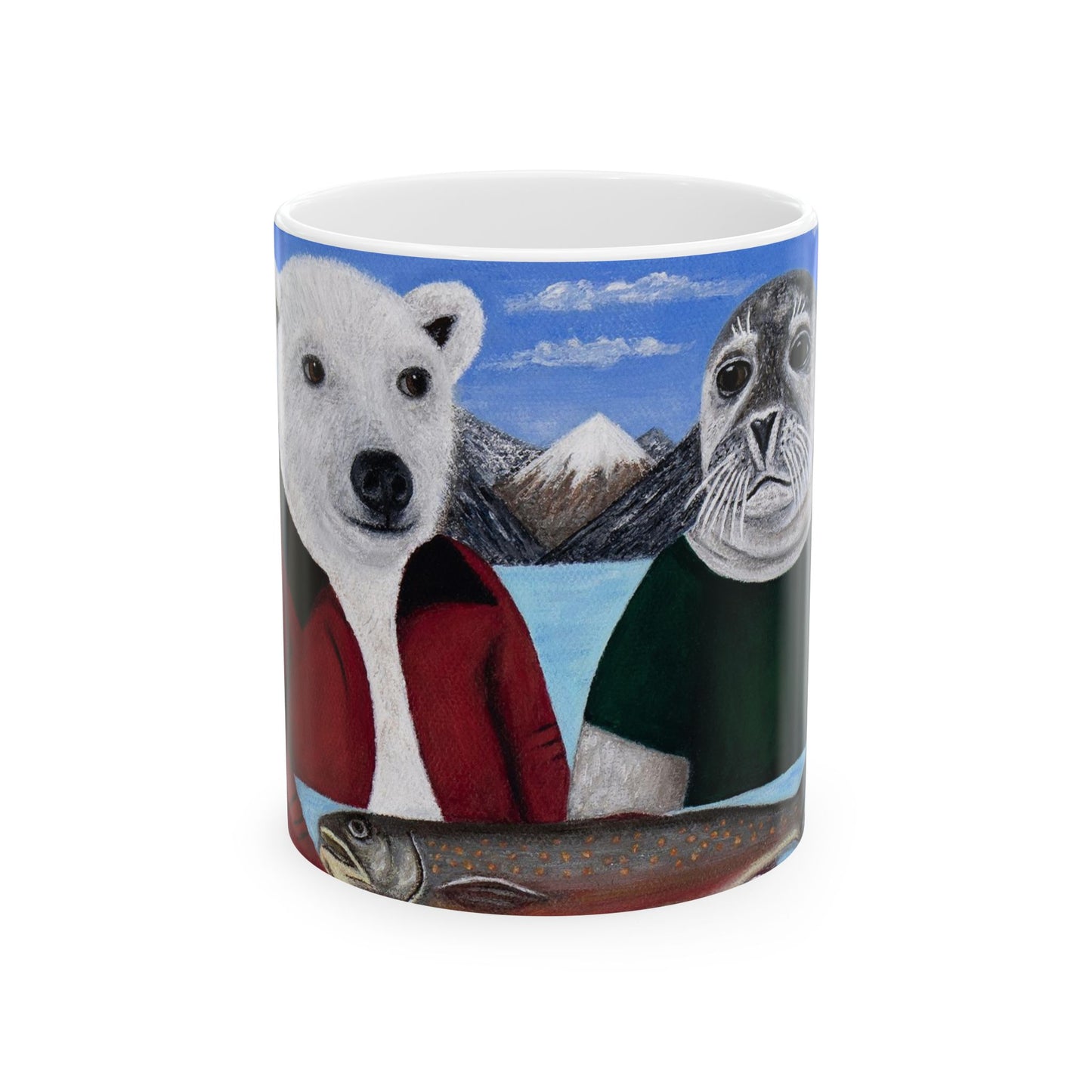 Whimsical Arctic Coffee Mug – 11oz Original Art, Cute Polar Bear & Harp Seal, Arctic Appetite by Roberta Pacino