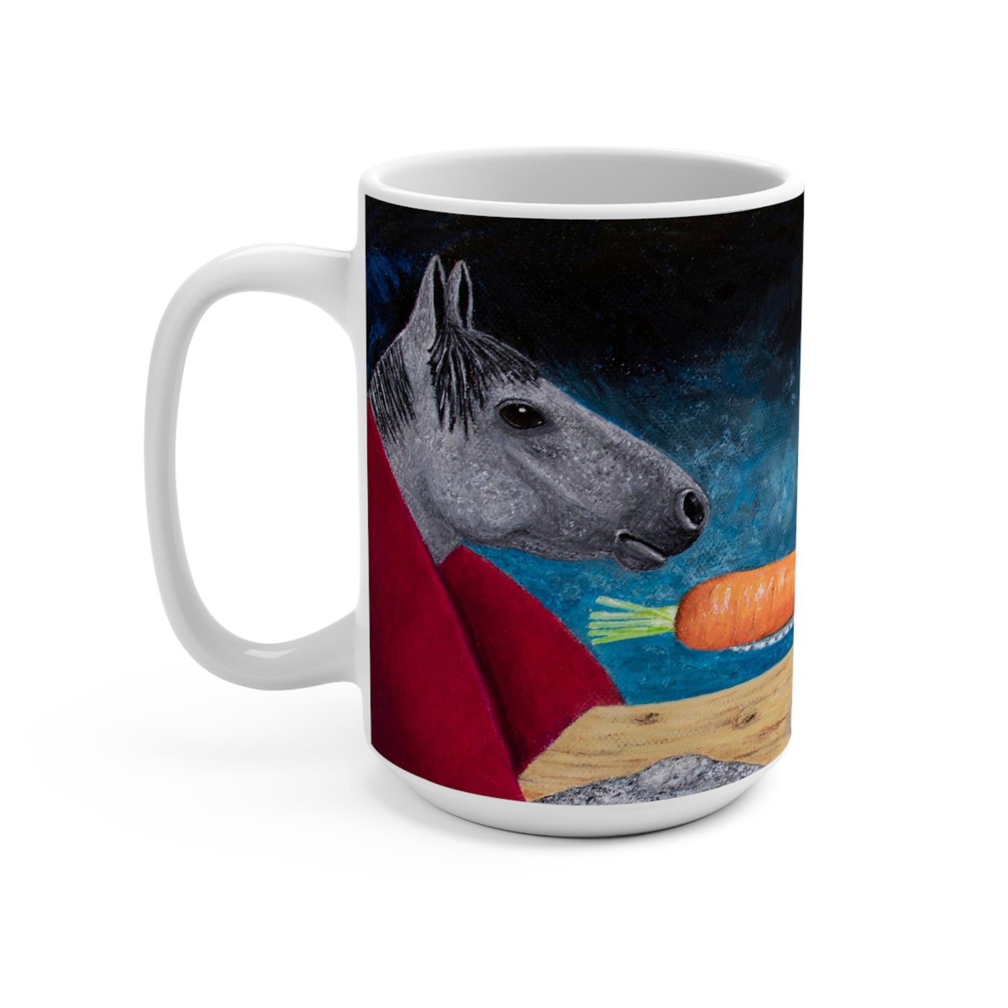 Whimsical Horse & Rabbit Coffee Mug – 15oz Fine Dining Fantasy Art, Single Carrot by Roberta Pacino