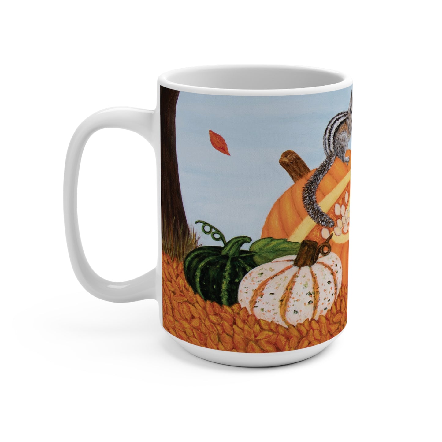 Autumn Chipmunk & Squirrel Coffee Mug – 15oz Whimsical Fall Art, Pumpkin Patch Pals by Roberta Pacino