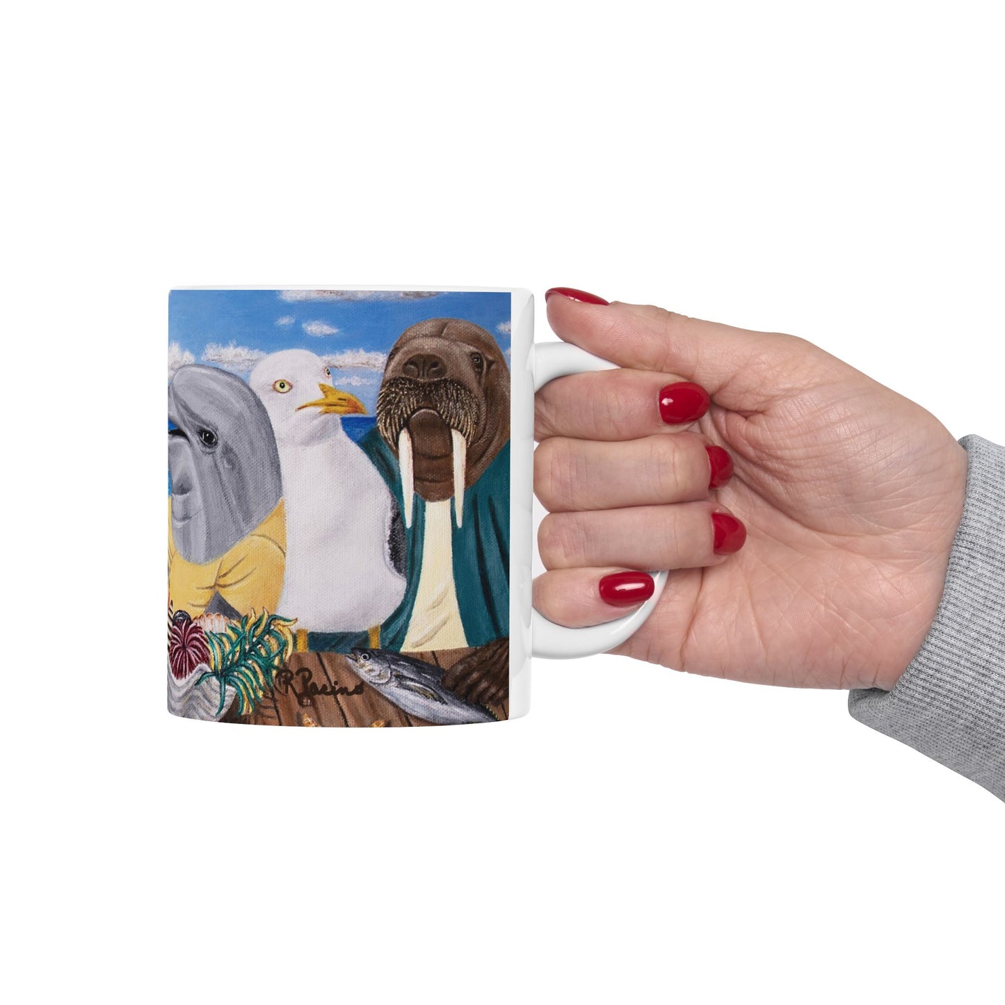 Pelican and Dolphin Coffee Mug – 11oz Ocean Animal Art Cup, Seaside Snacks by Roberta Pacino