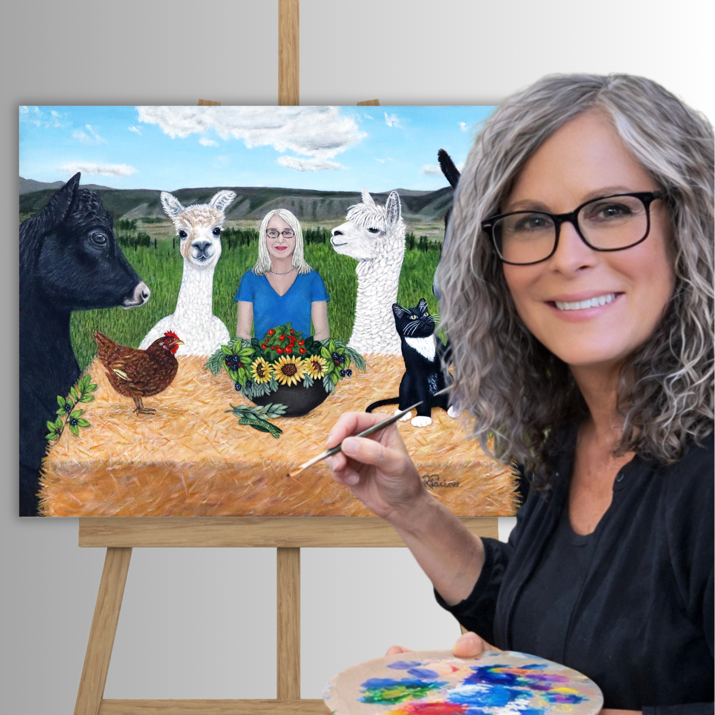 Roberta Pacino with her original Barnyard Banquet acrylic painting