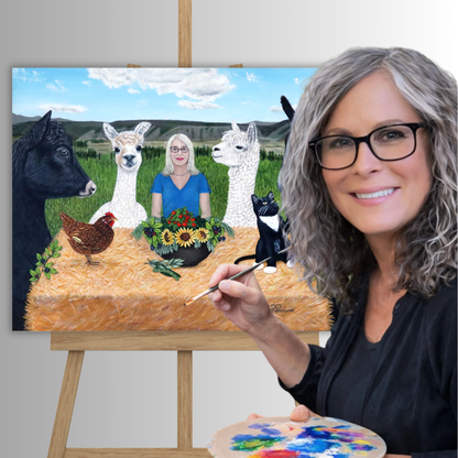 Roberta Pacino with her original Barnyard Banquet acrylic painting