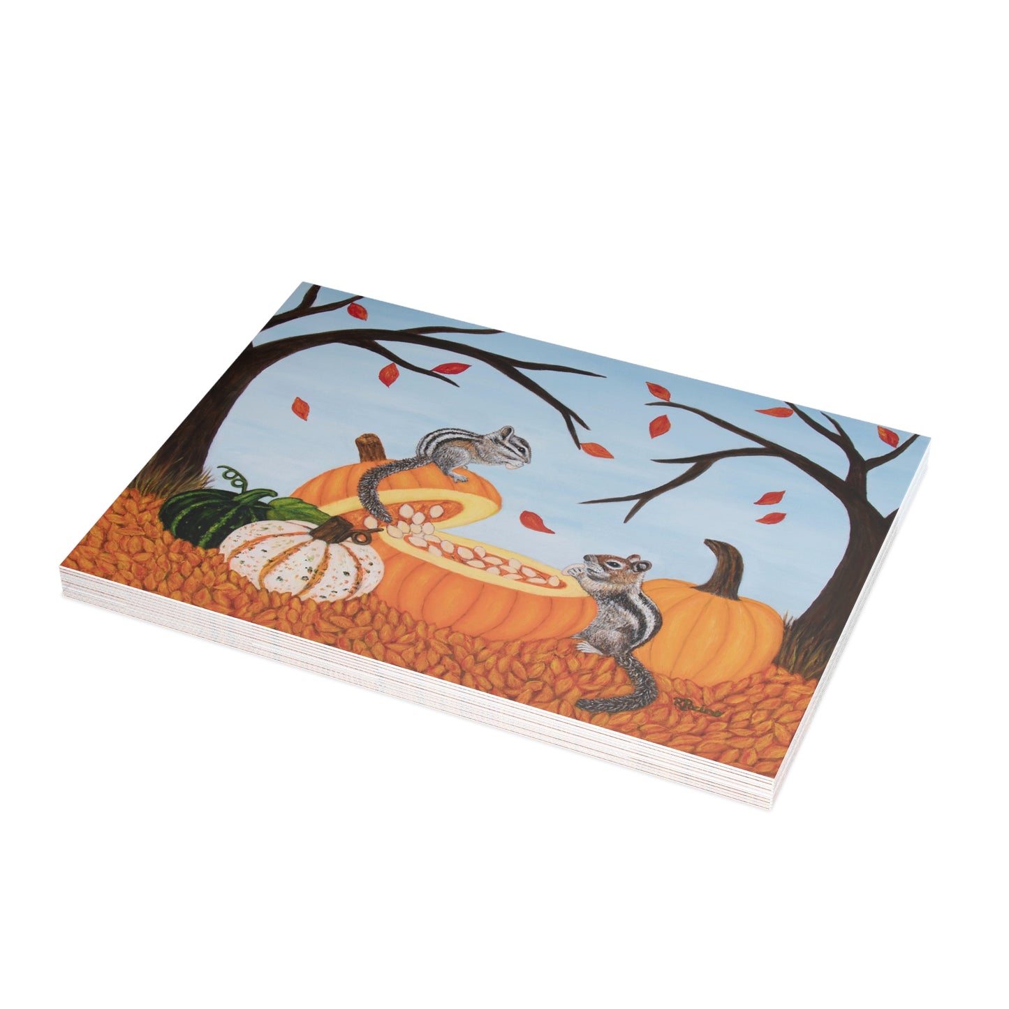 Autumn Greeting Cards – 7x5 One-Side Coated, Set of 1 or 10, Pumpkin Patch Pals by Roberta Pacino, Original Art
