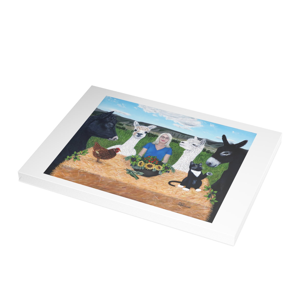 Barnyard Banquet 10-pack of fine art greeting cards featuring alpacas and farm animals by Roberta Pacino