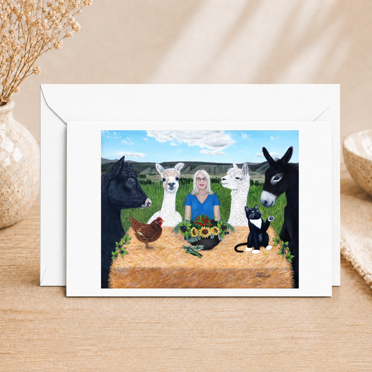 Barnyard Banquet fine art greeting card from an original farm animal painting by Roberta Pacino