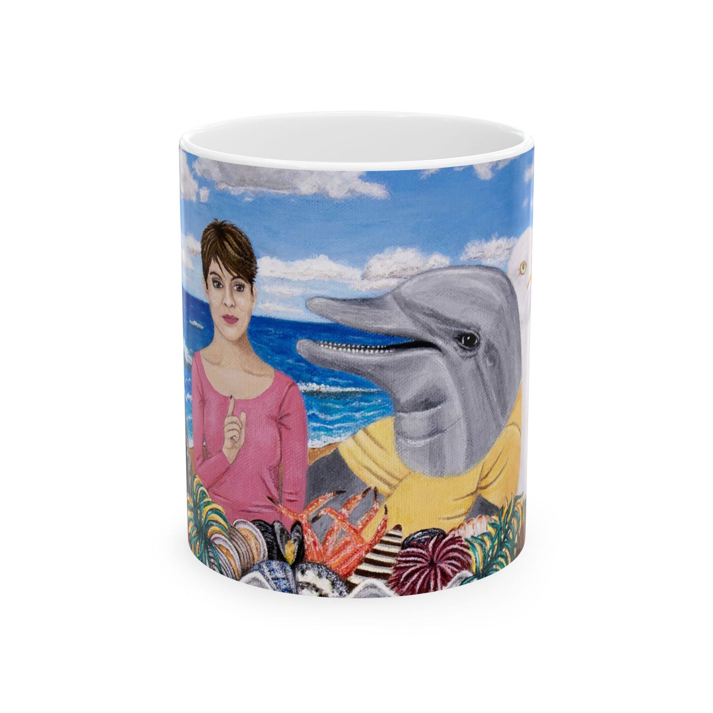 Pelican and Dolphin Coffee Mug – 11oz Ocean Animal Art Cup, Seaside Snacks by Roberta Pacino