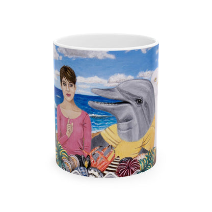 Pelican and Dolphin Coffee Mug – 11oz Ocean Animal Art Cup, Seaside Snacks by Roberta Pacino