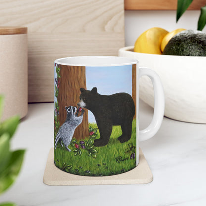 Wildlife Mug – Woodland Animals Coffee Cup 11 oz, Raccoon & Bear Cub Nature Art – Forest Friends by Roberta Pacino