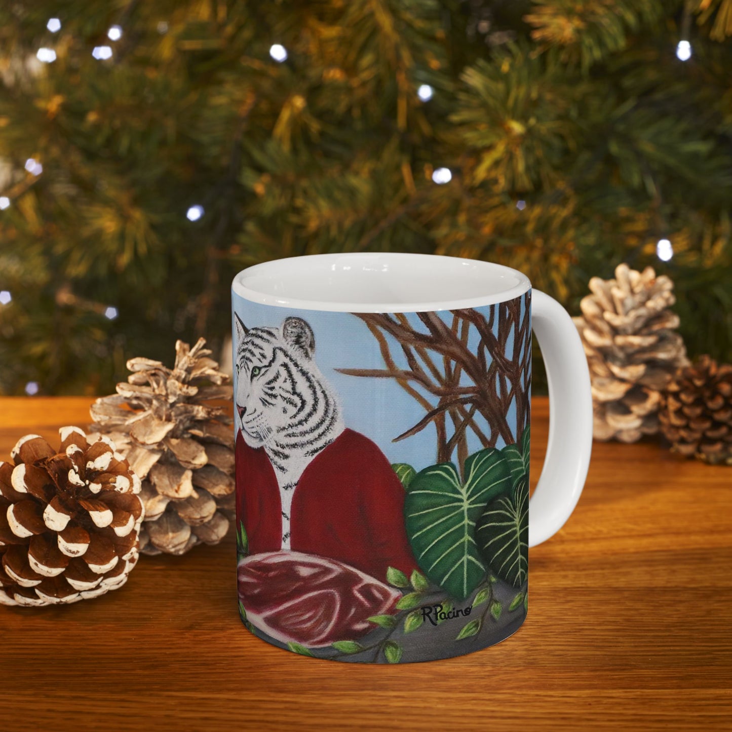 Whimsical Lion and Tiger Coffee Mug – 11oz Jungle Animal Art Cup, King’s Table by Roberta Pacino