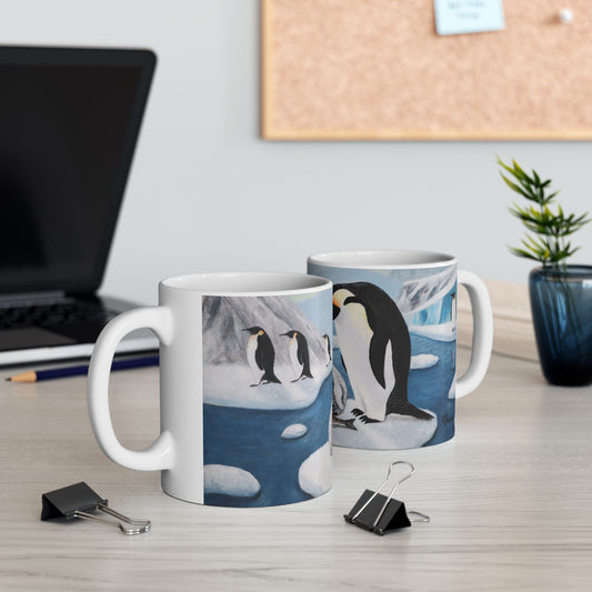 Whimsical Penguin Coffee Mug – 11oz Antarctic Wildlife Art Cup, Icy Love by Roberta Pacino