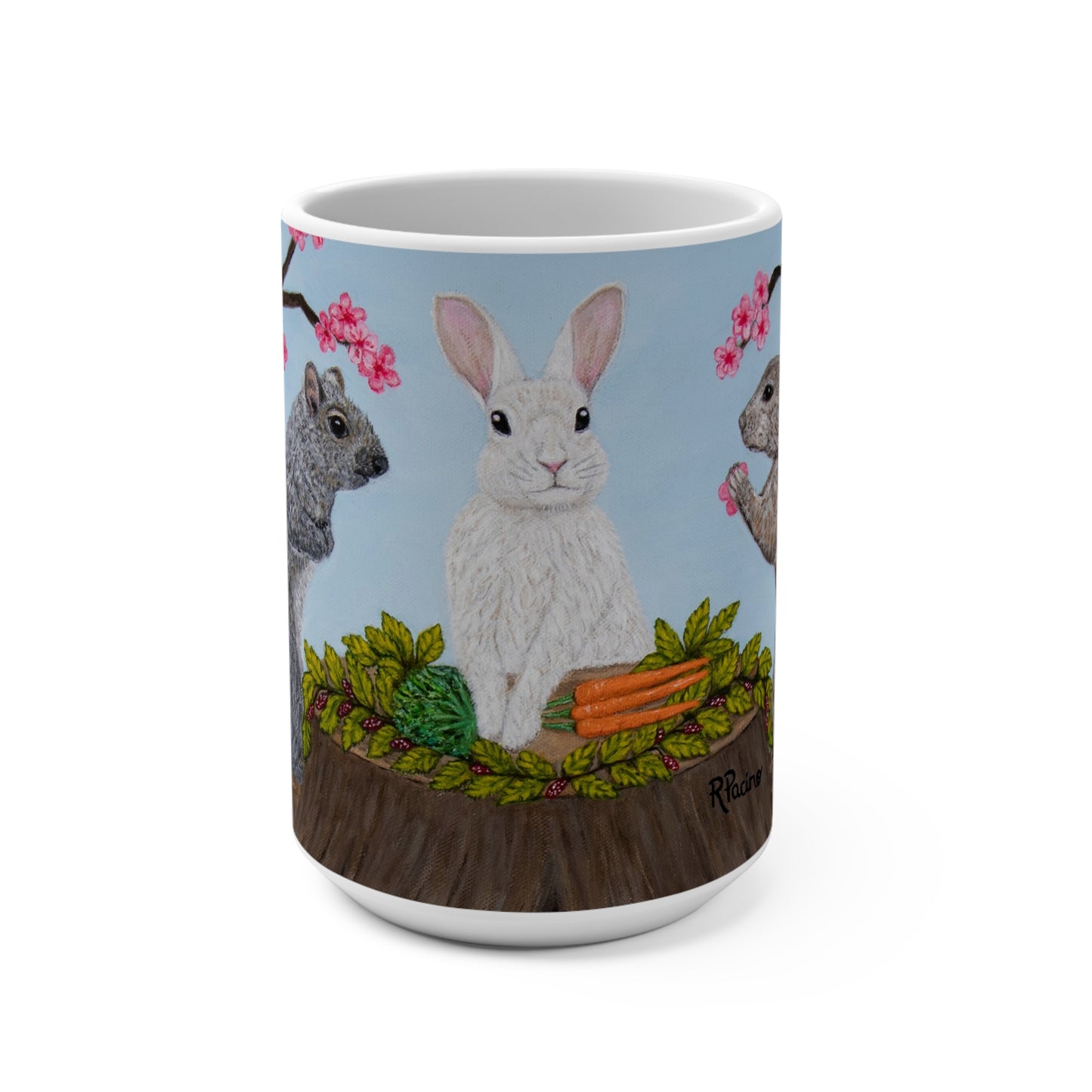 Whimsical Woodland Coffee Mug – 15oz Rabbit, Squirrel & Prairie Dog Art, Garden Gathering by Roberta Pacino