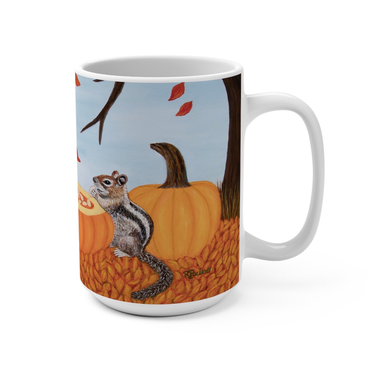 Autumn Chipmunk & Squirrel Coffee Mug – 15oz Whimsical Fall Art, Pumpkin Patch Pals by Roberta Pacino