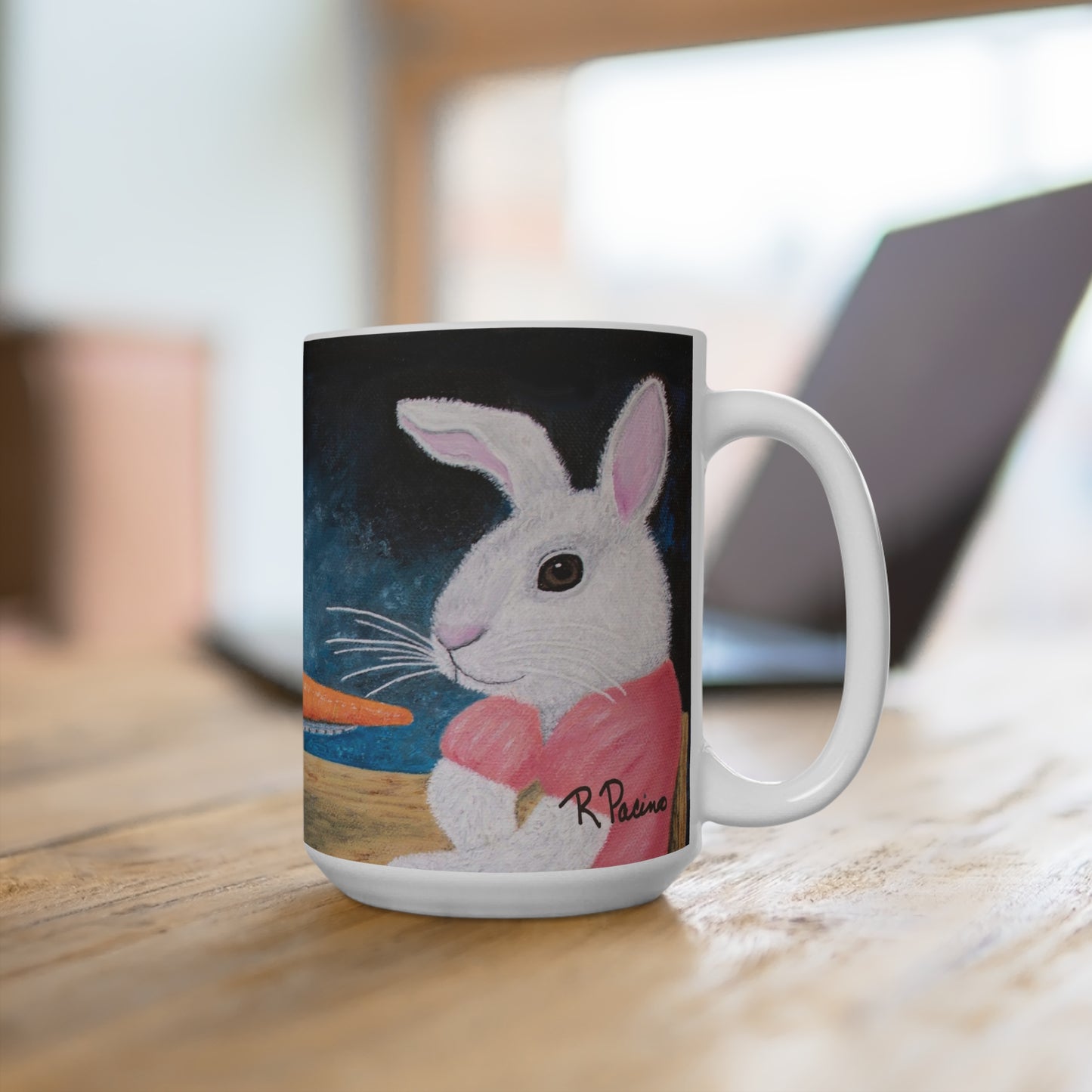 Whimsical Horse & Rabbit Coffee Mug – 15oz Fine Dining Fantasy Art, Single Carrot by Roberta Pacino