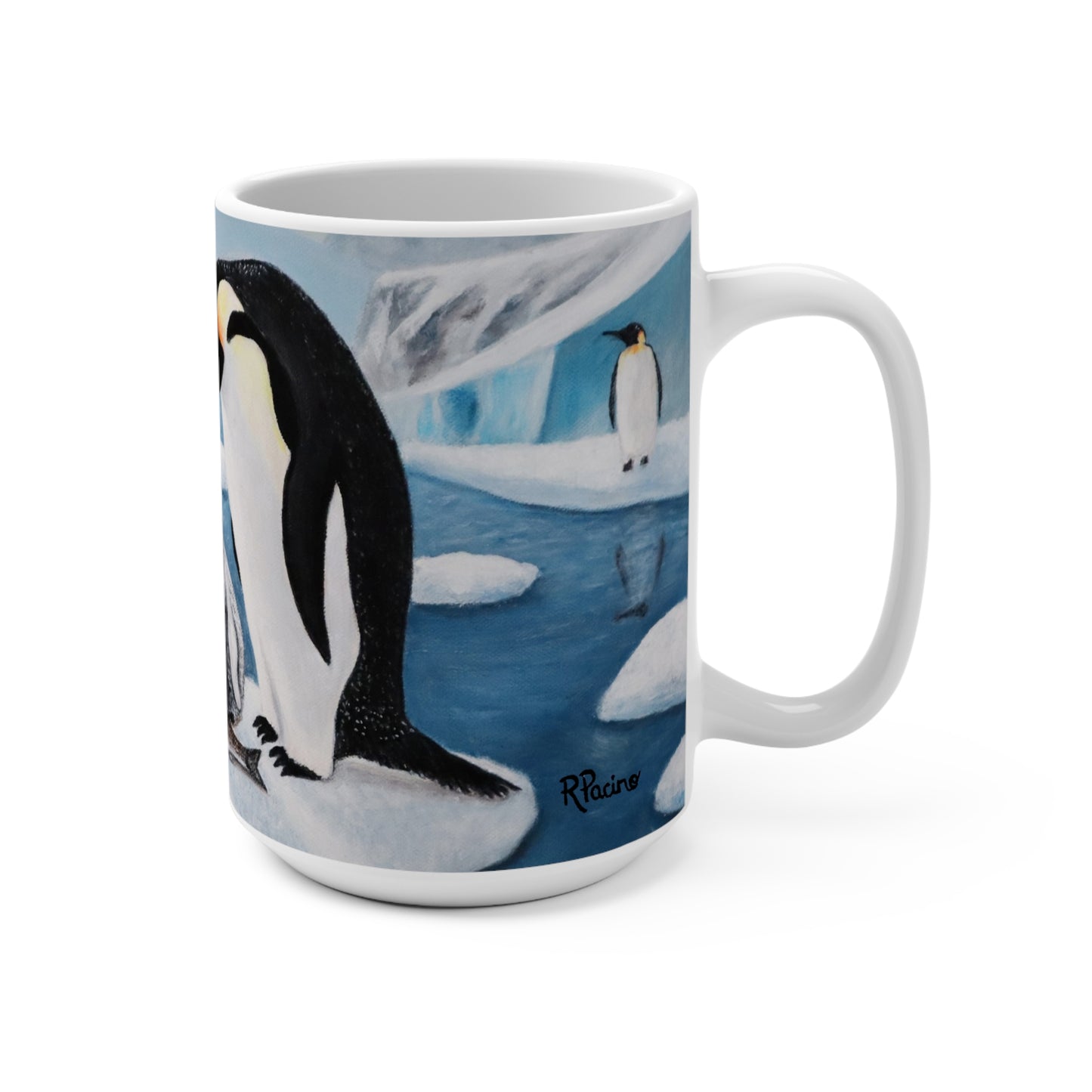 Whimsical Penguin Coffee Mug – 15oz Original Art, Antarctic Wildlife Scene, Icy Love by Roberta Pacino