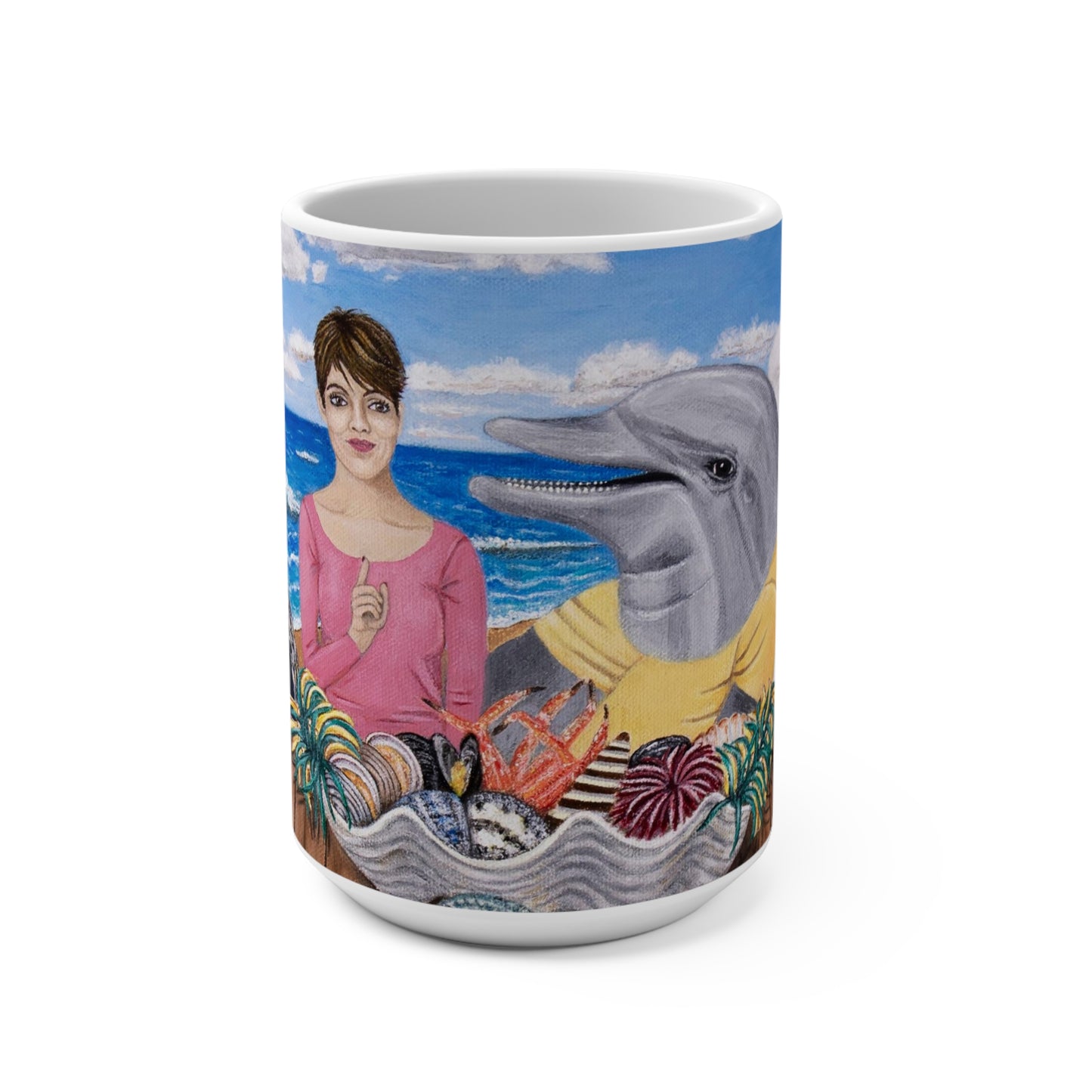 Whimsical Ocean Wildlife Coffee Mug – 15oz Original Art, Pelican, Dolphin & Walrus, Seaside Snacks by Roberta Pacino