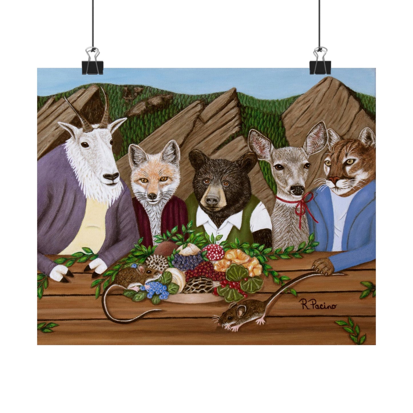 Mountain Meal – Whimsical Wildlife Dining Scene, Majestic Forest Art, by Roberta Pacino