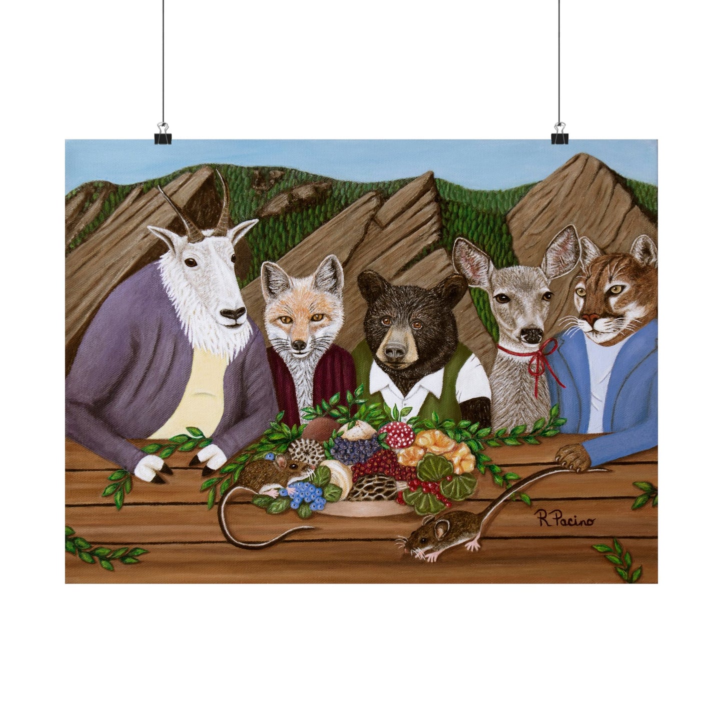 Mountain Meal – Whimsical Wildlife Dining Scene, Majestic Forest Art, by Roberta Pacino